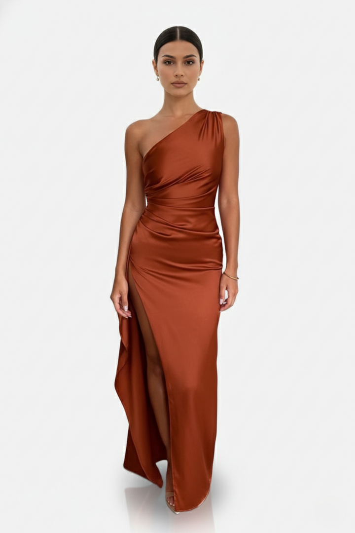 Satin One-Shoulder Maxi Dress High Side Slit - Siopie
