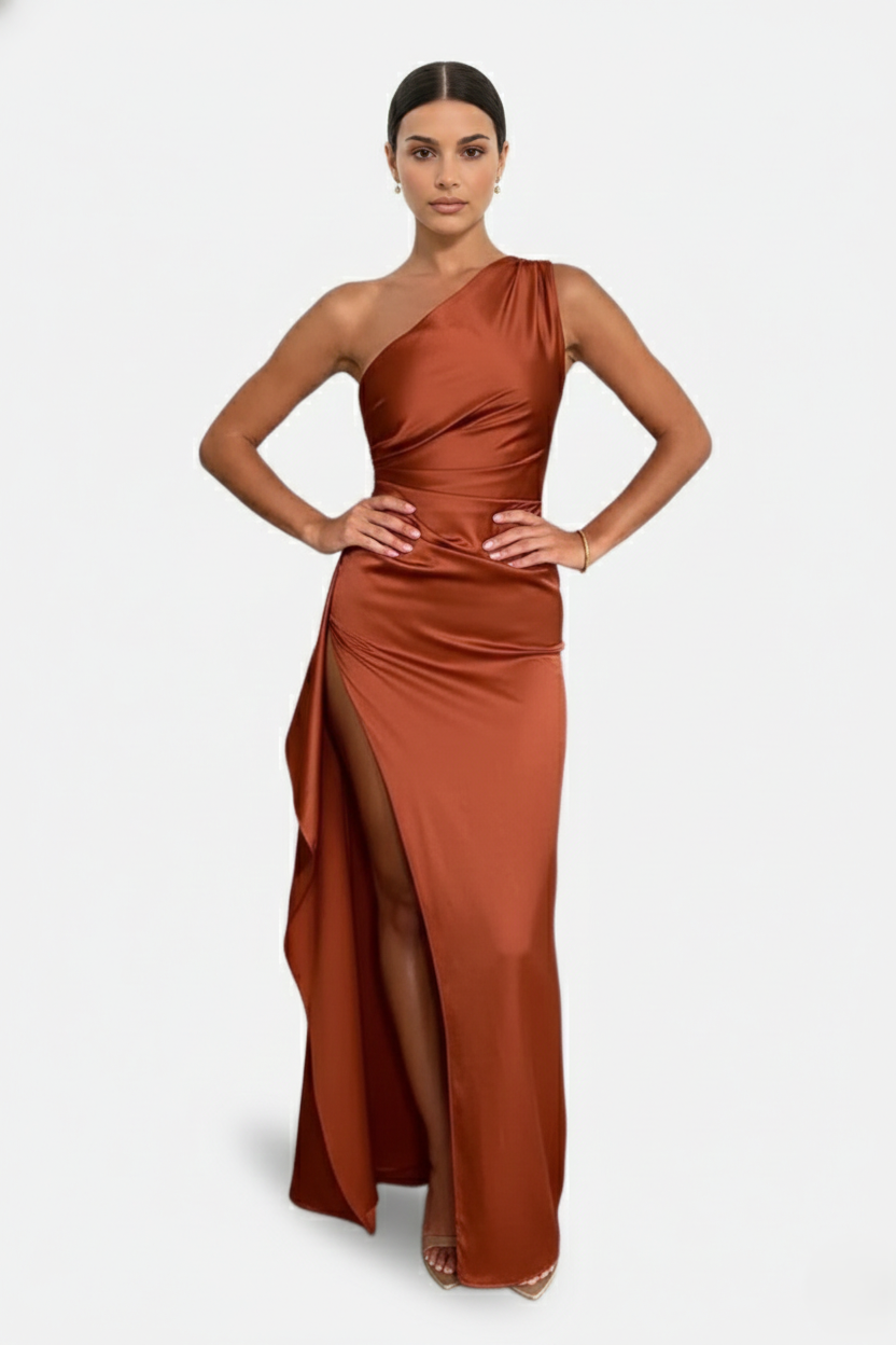Satin One-Shoulder Maxi Dress High Side Slit - Siopie