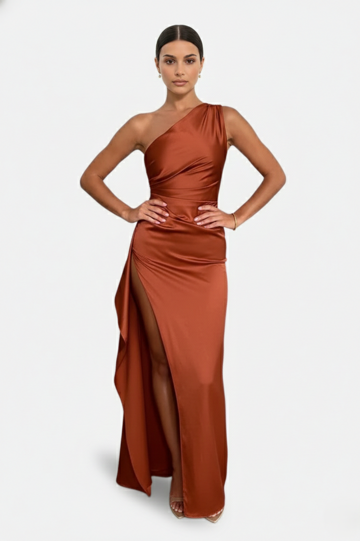 Satin One-Shoulder Maxi Dress High Side Slit - Siopie