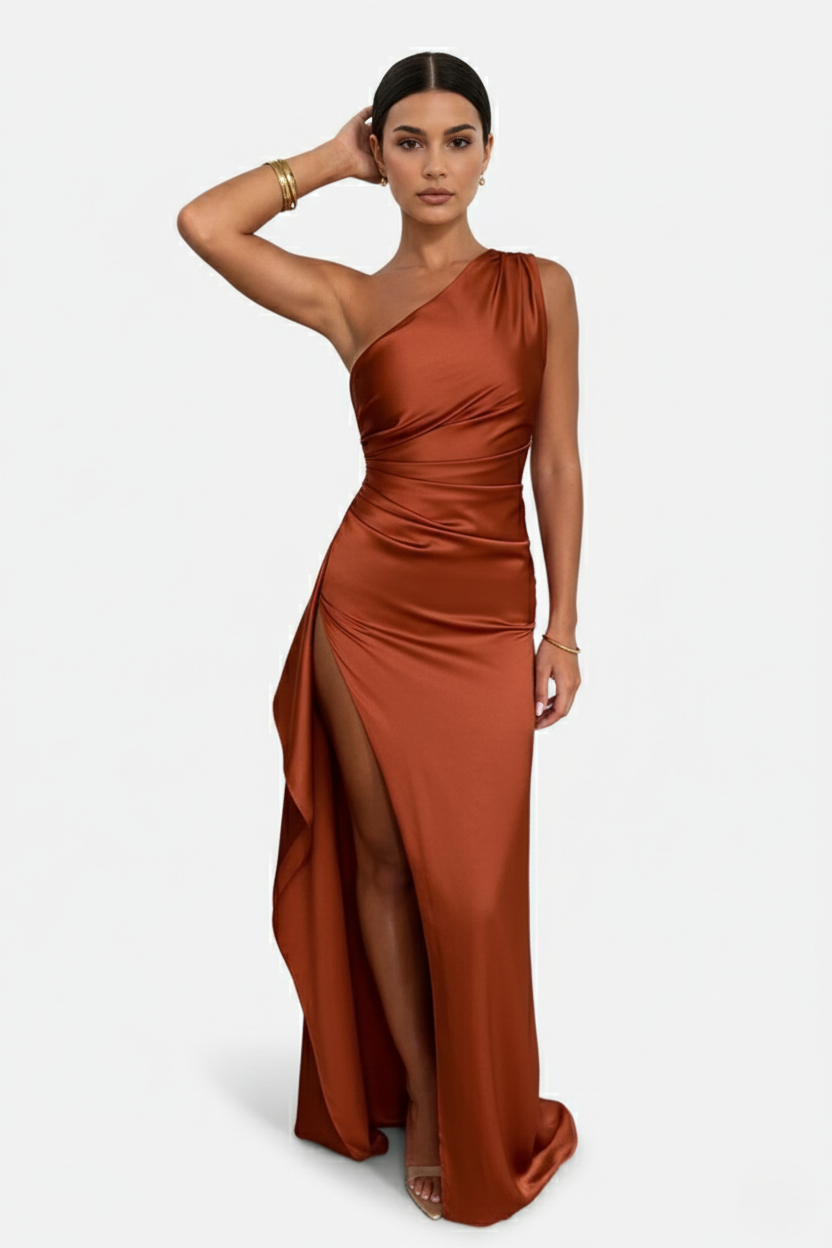 Satin One-Shoulder Maxi Dress High Side Slit - Siopie