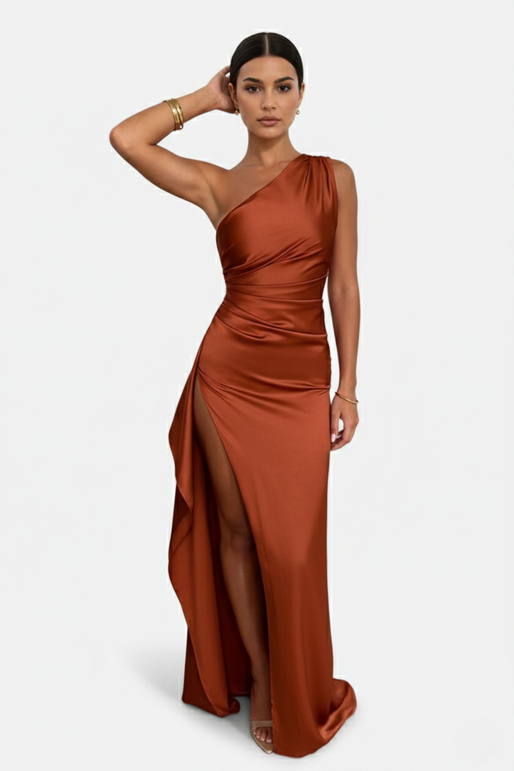 Satin One-Shoulder Maxi Dress High Side Slit - Siopie