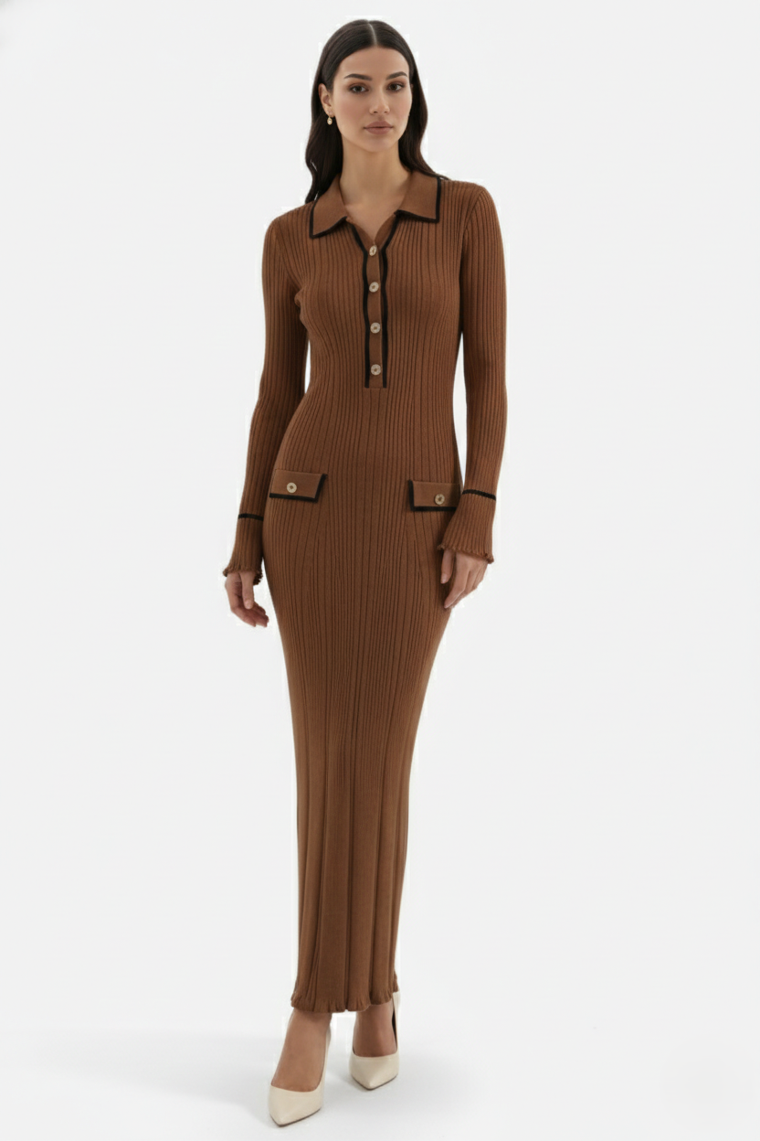 Knitted Polo Maxi Dress with Contrast Trim and Long Sleeves - Siopie