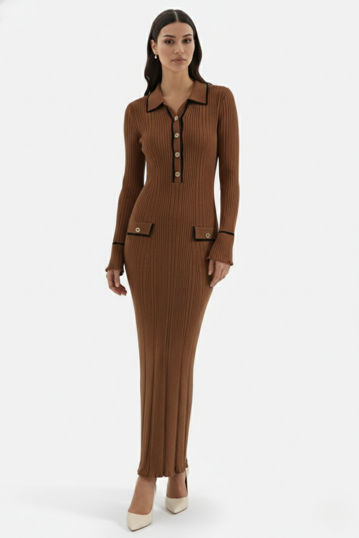 Knitted Polo Maxi Dress with Contrast Trim and Long Sleeves - Siopie