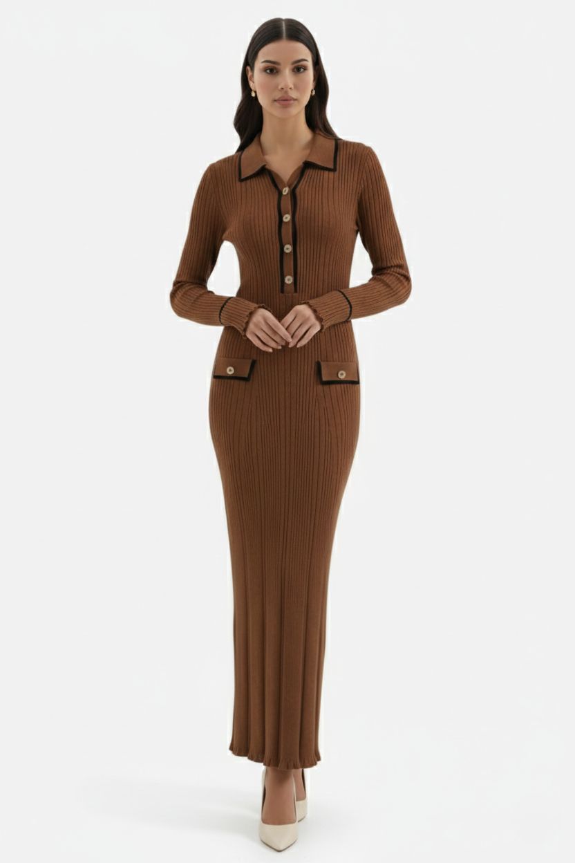 Knitted Polo Maxi Dress with Contrast Trim and Long Sleeves - Siopie