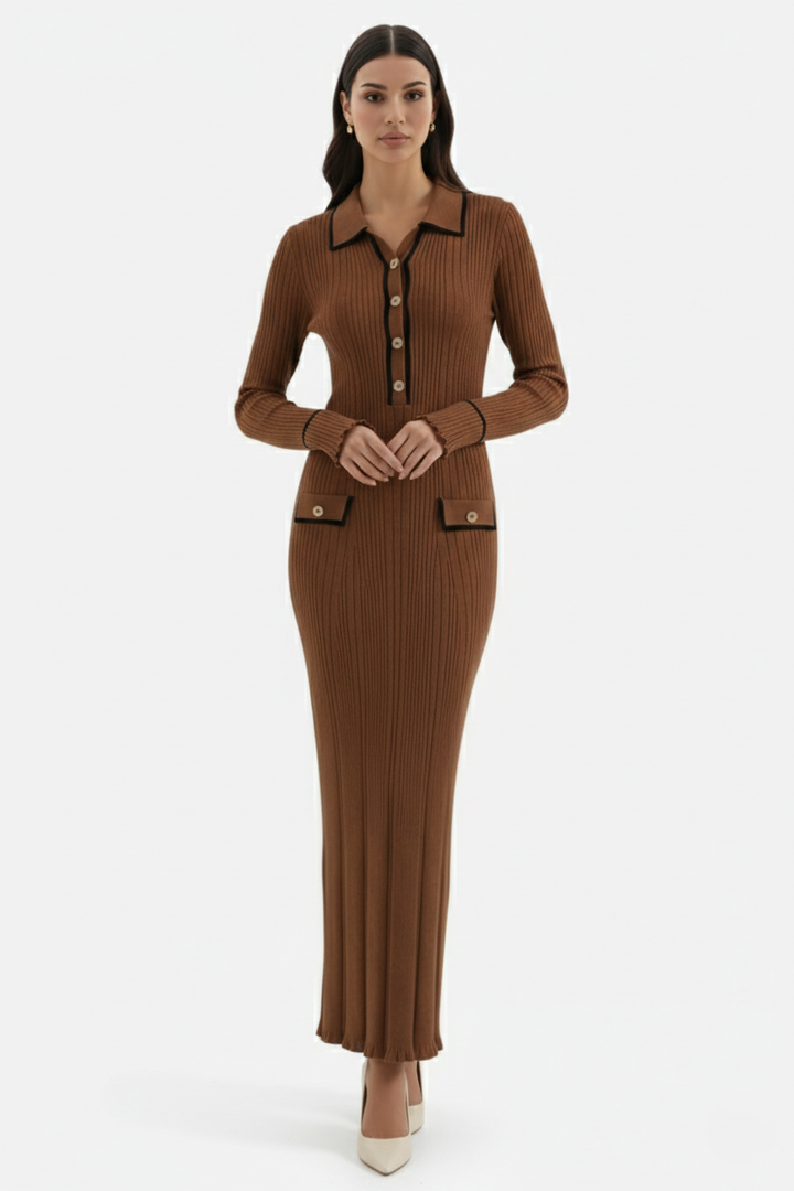 Knitted Polo Maxi Dress with Contrast Trim and Long Sleeves - Siopie
