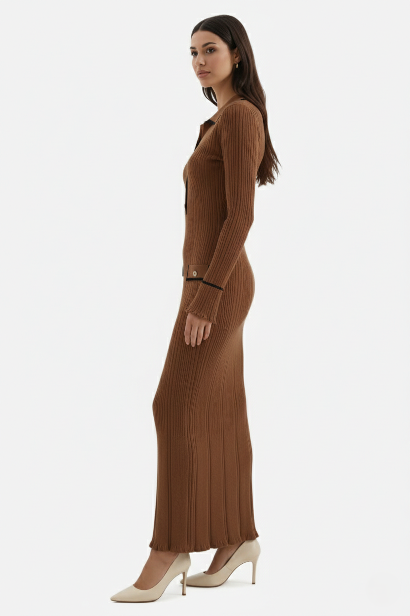 Knitted Polo Maxi Dress with Contrast Trim and Long Sleeves - Siopie