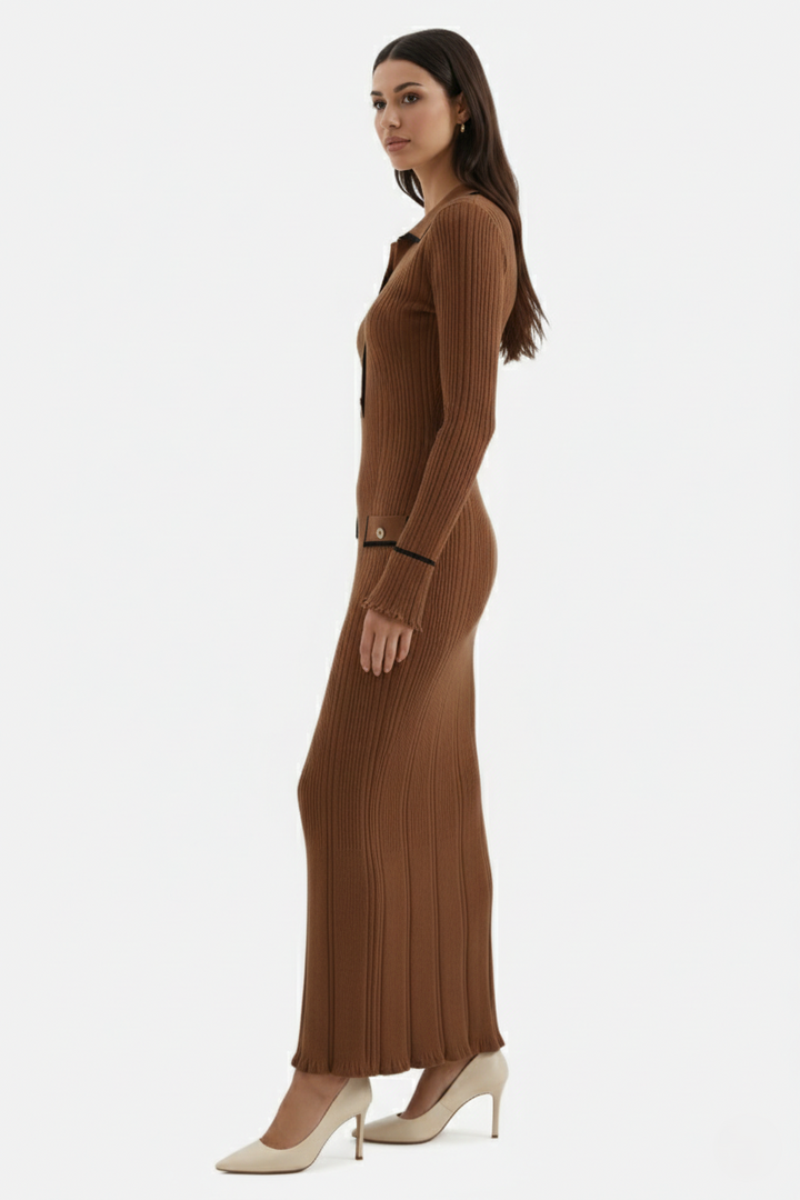 Knitted Polo Maxi Dress with Contrast Trim and Long Sleeves - Siopie