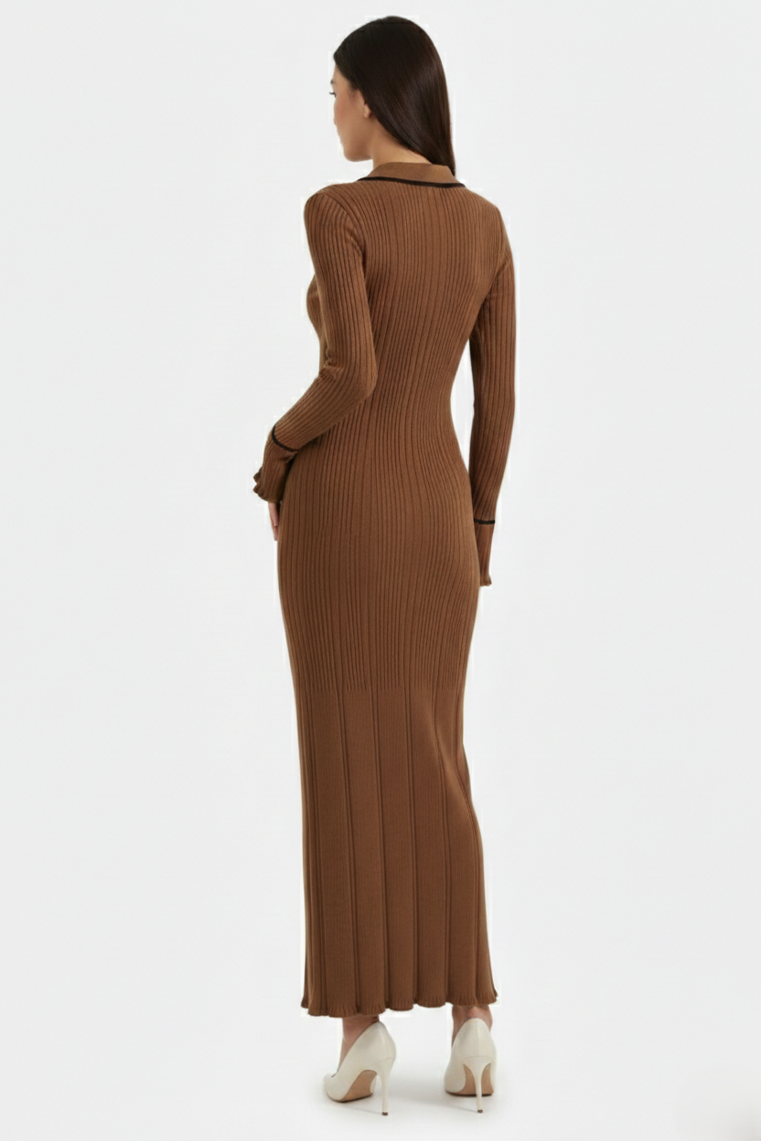Knitted Polo Maxi Dress with Contrast Trim and Long Sleeves - Siopie