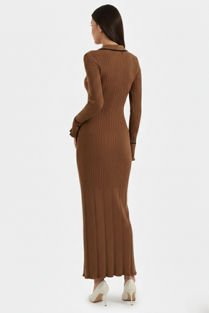 Knitted Polo Maxi Dress with Contrast Trim and Long Sleeves - Siopie