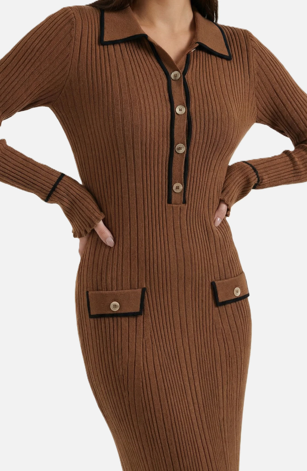 Knitted Polo Maxi Dress with Contrast Trim and Long Sleeves - Siopie