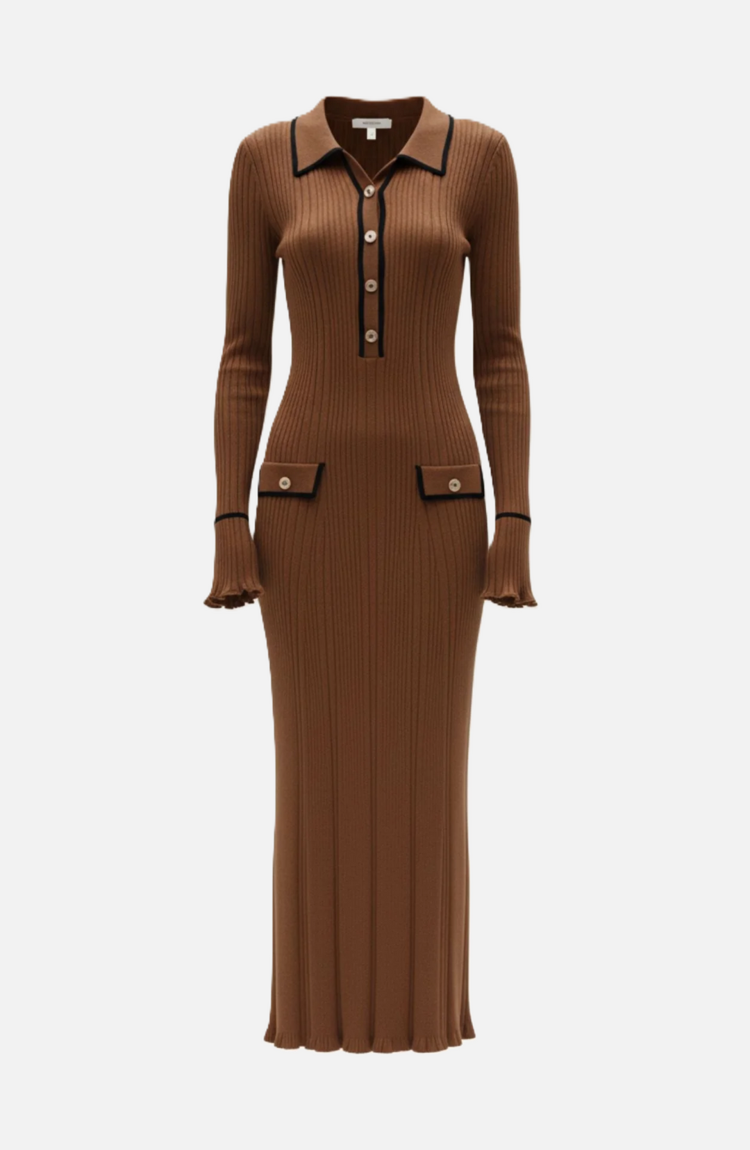 Knitted Polo Maxi Dress with Contrast Trim and Long Sleeves - Siopie