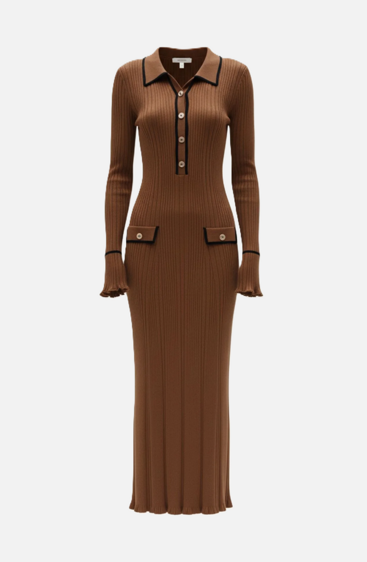 Knitted Polo Maxi Dress with Contrast Trim and Long Sleeves - Siopie