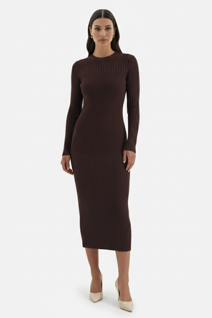Bodycon Sweater Midi Dress Ribbed Knit Long Sleeve Crew Neck - Siopie