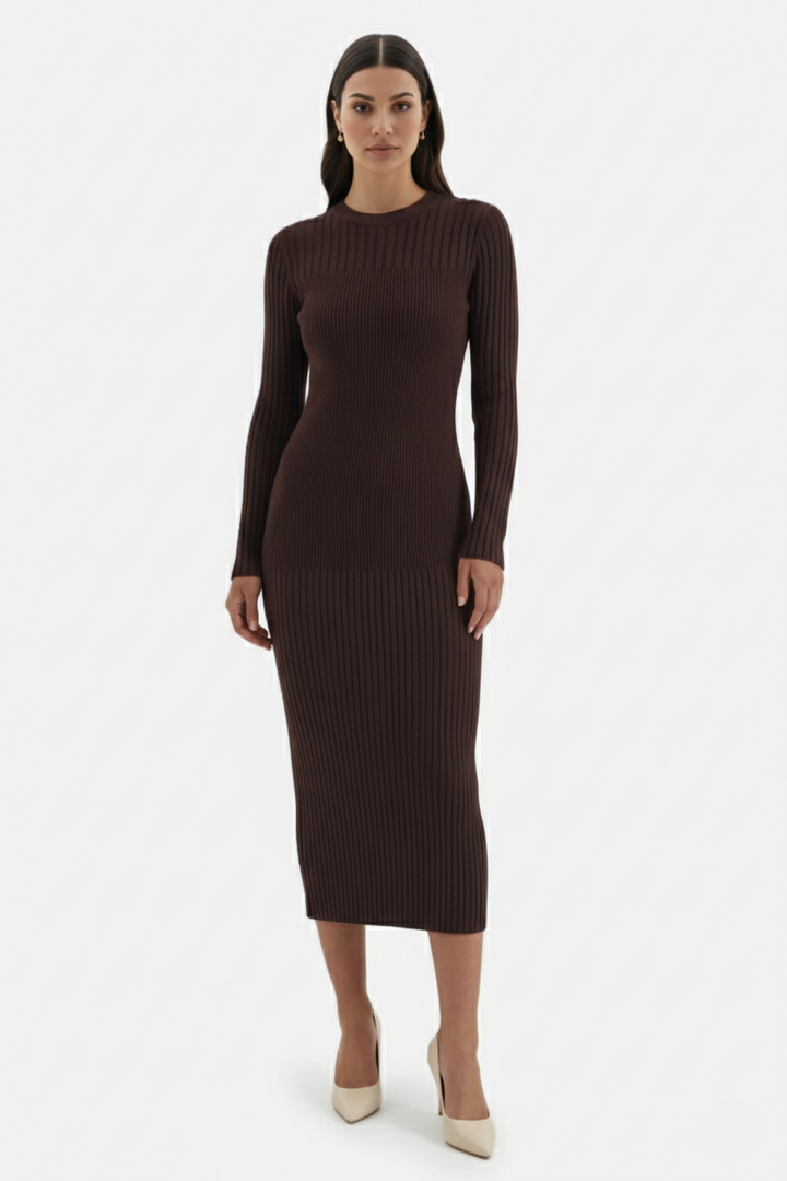 Bodycon Sweater Midi Dress Ribbed Knit Long Sleeve Crew Neck - Siopie