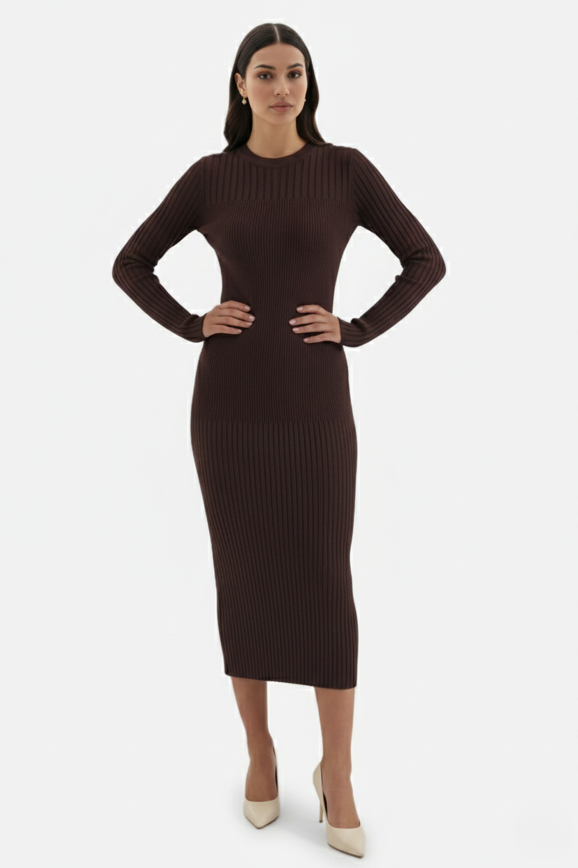 Bodycon Sweater Midi Dress Ribbed Knit Long Sleeve Crew Neck - Siopie