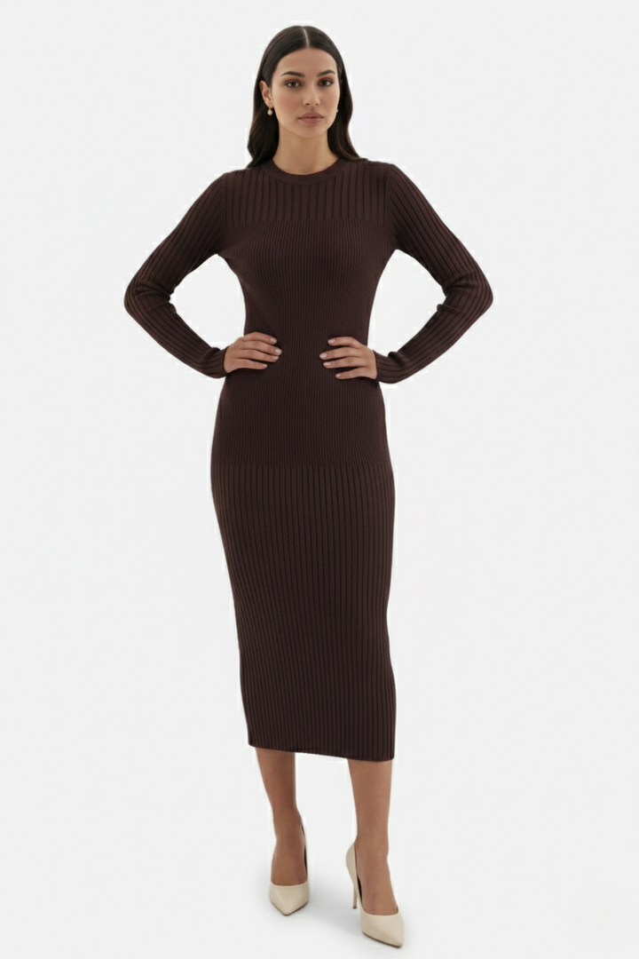 Bodycon Sweater Midi Dress Ribbed Knit Long Sleeve Crew Neck - Siopie