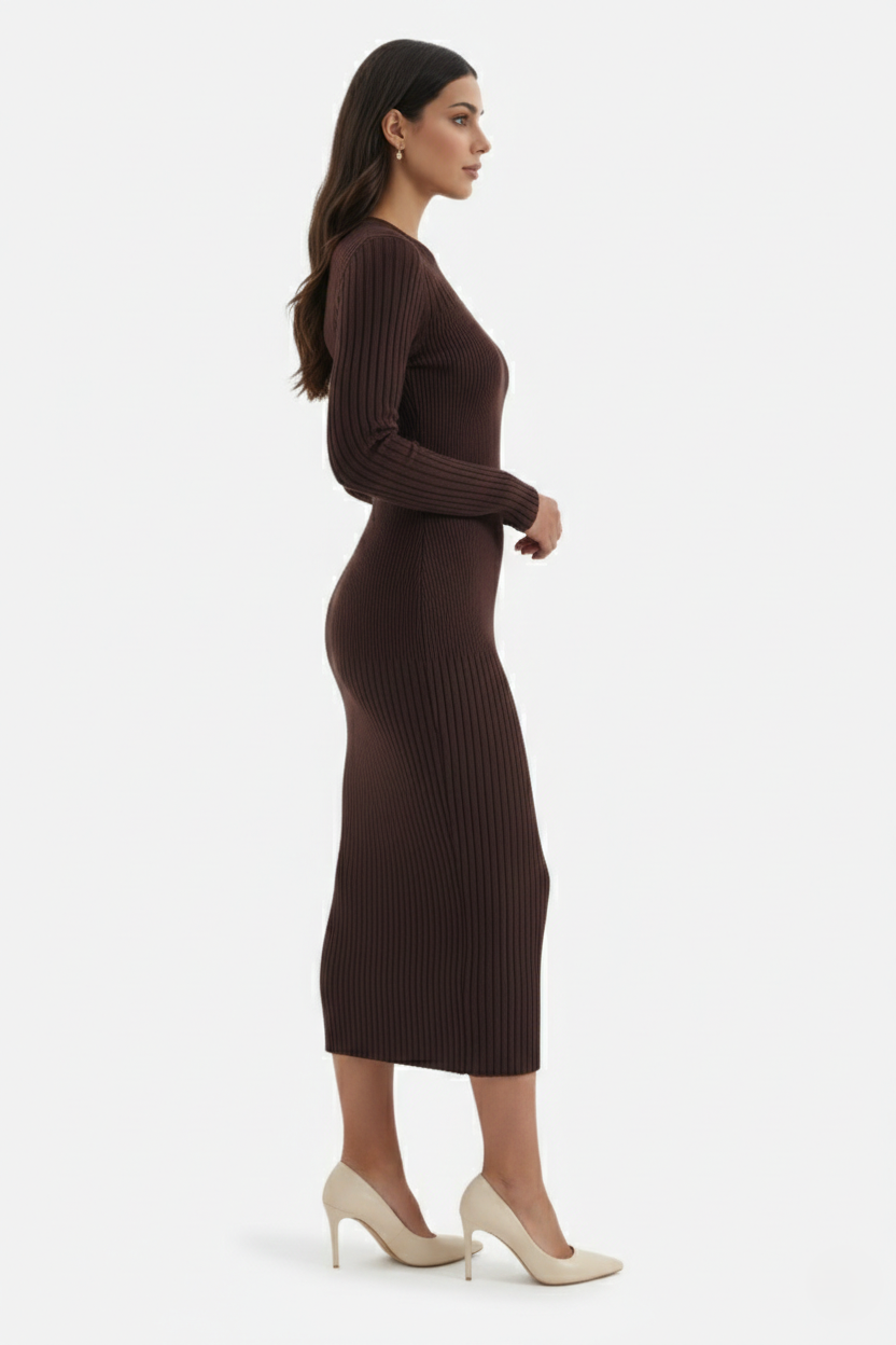 Bodycon Sweater Midi Dress Ribbed Knit Long Sleeve Crew Neck - Siopie