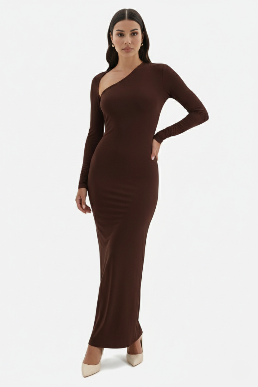 Bodycon Maxi Dress Asymmetric Cutout Long Sleeve - Siopie