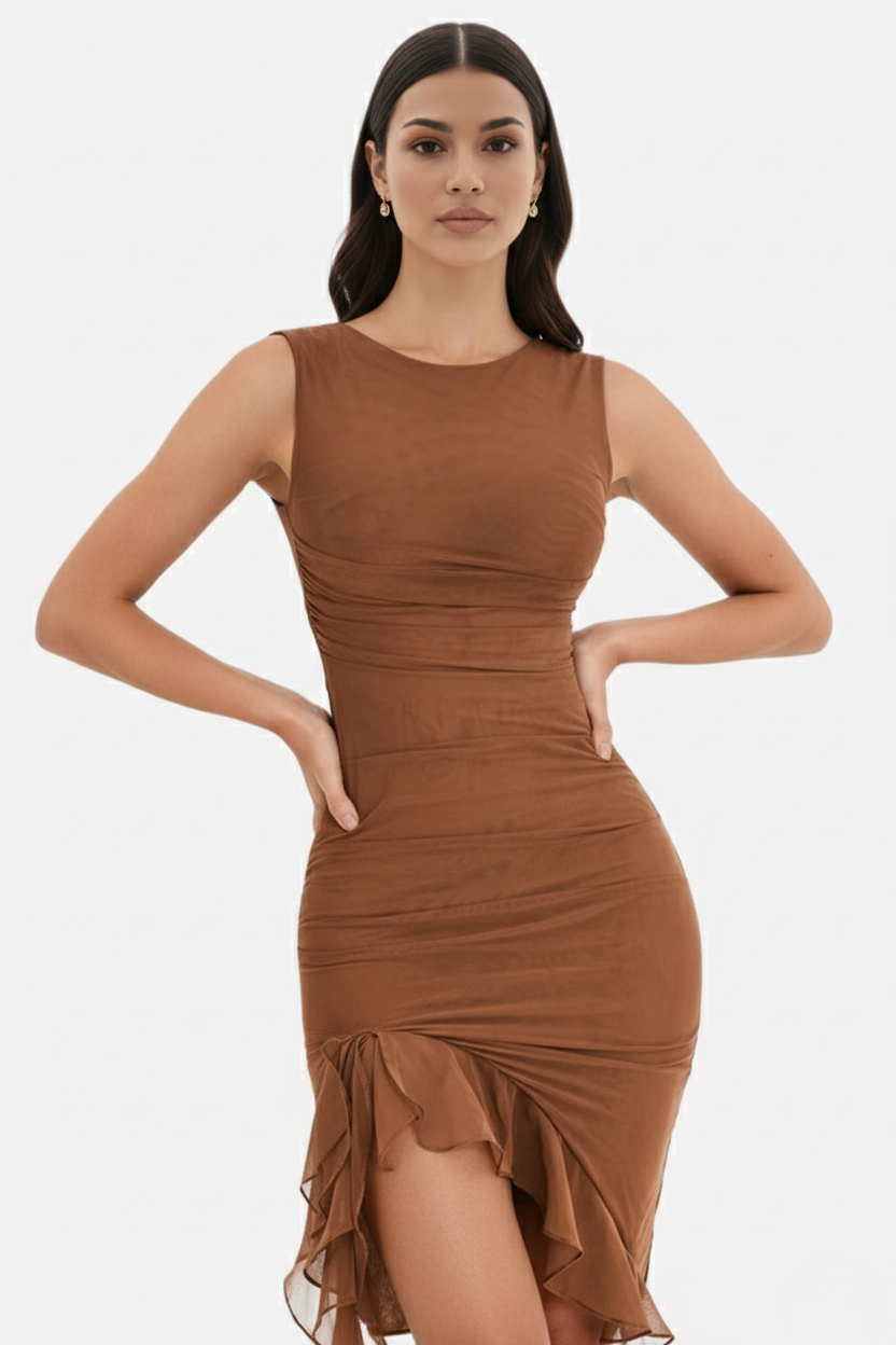 Ruched Sleeveless Bodycon Midi Dress Ruffle Side Slit - Siopie