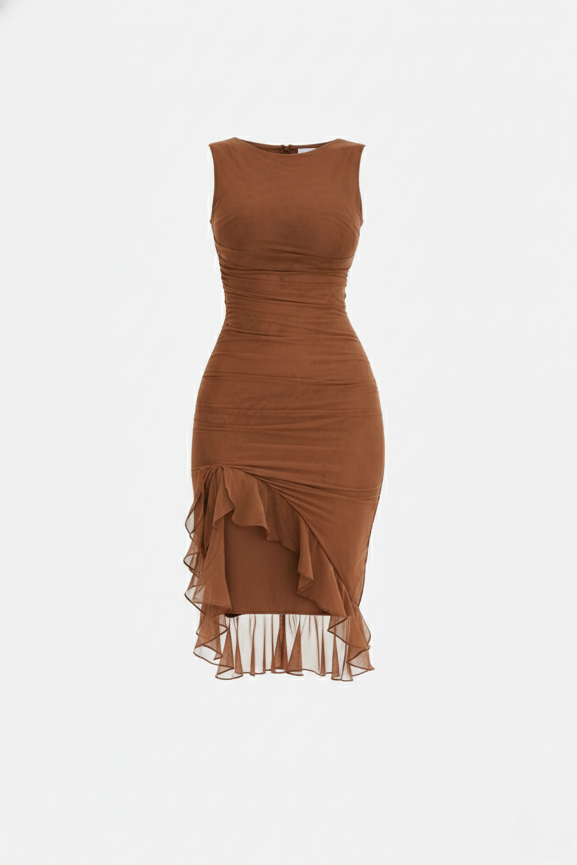 Ruched Sleeveless Bodycon Midi Dress Ruffle Side Slit - Siopie