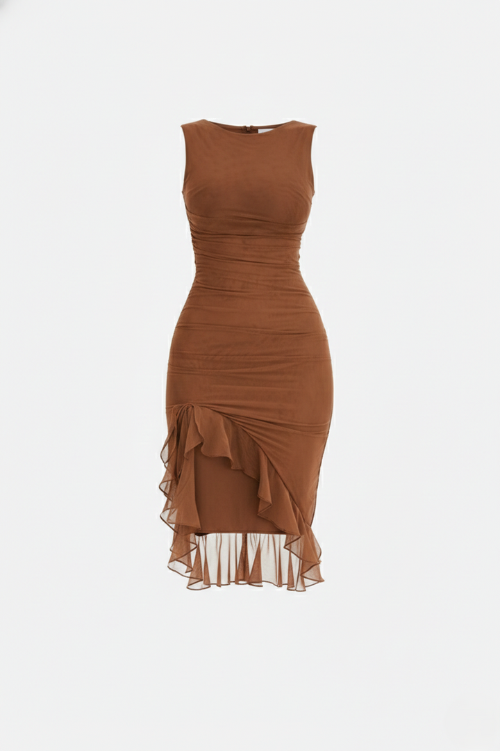 Ruched Sleeveless Bodycon Midi Dress Ruffle Side Slit - Siopie
