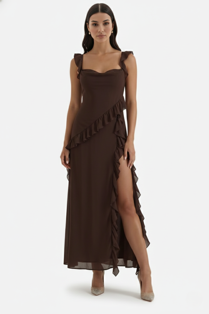 Sleeveless Ruffle Trim Maxi Dress with Front Slit - Siopie