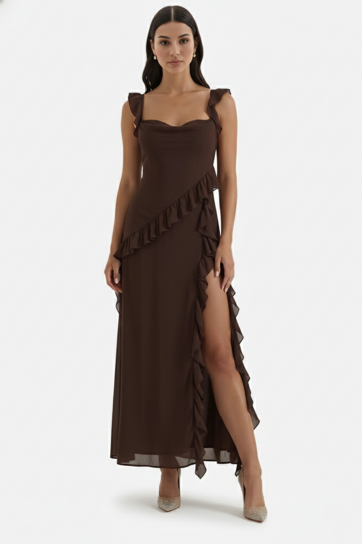 Sleeveless Ruffle Trim Maxi Dress with Front Slit - Siopie