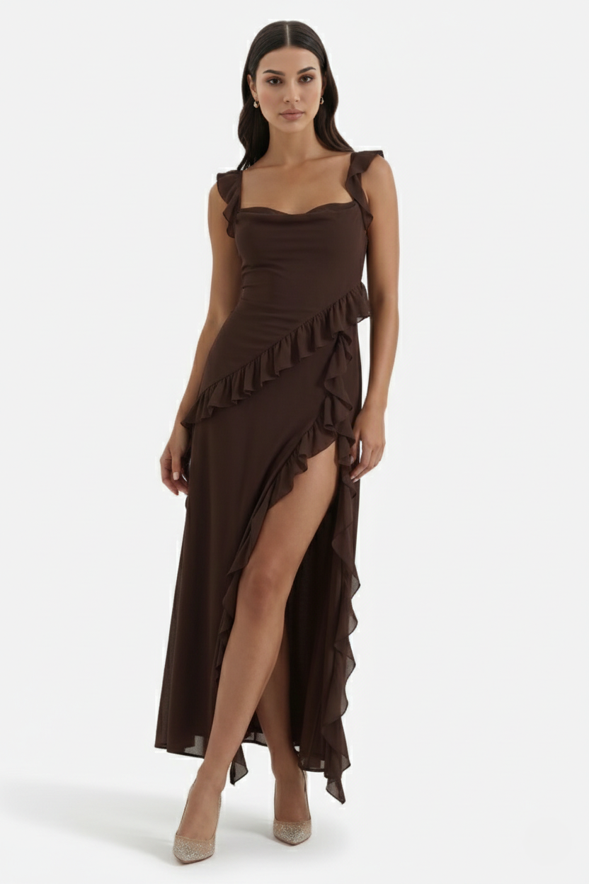Sleeveless Ruffle Trim Maxi Dress with Front Slit - Siopie