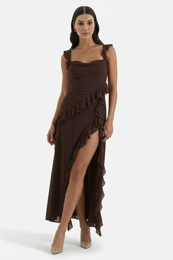 Sleeveless Ruffle Trim Maxi Dress with Front Slit - Siopie
