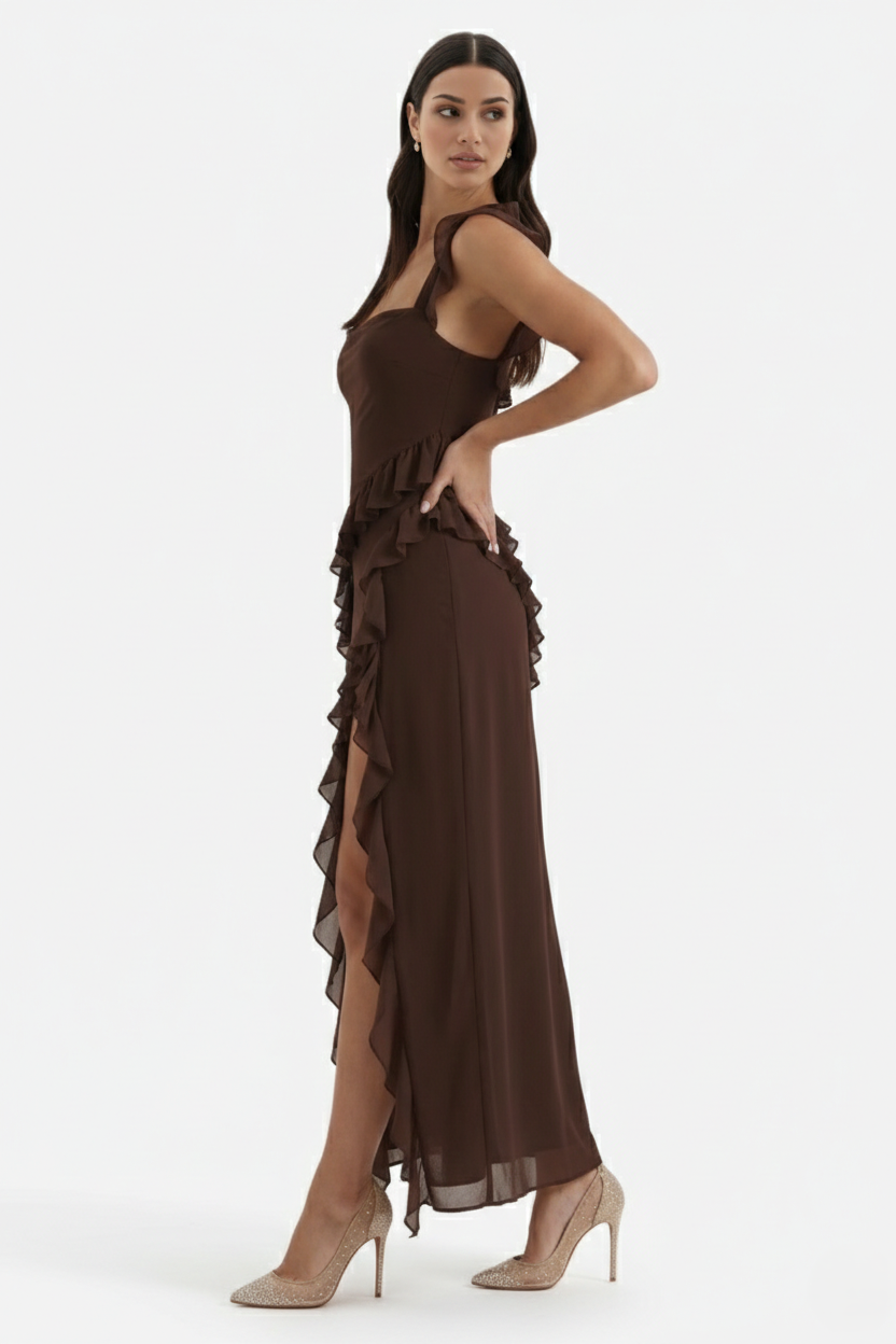 Sleeveless Ruffle Trim Maxi Dress with Front Slit - Siopie