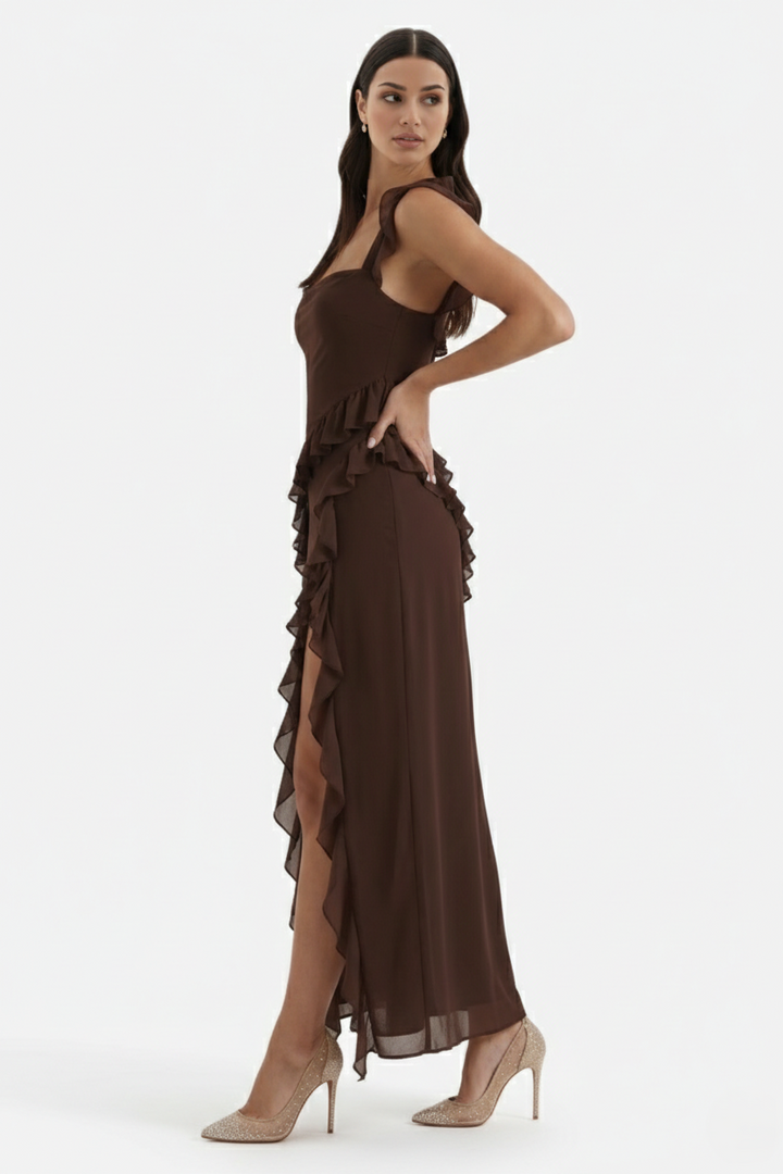 Sleeveless Ruffle Trim Maxi Dress with Front Slit - Siopie