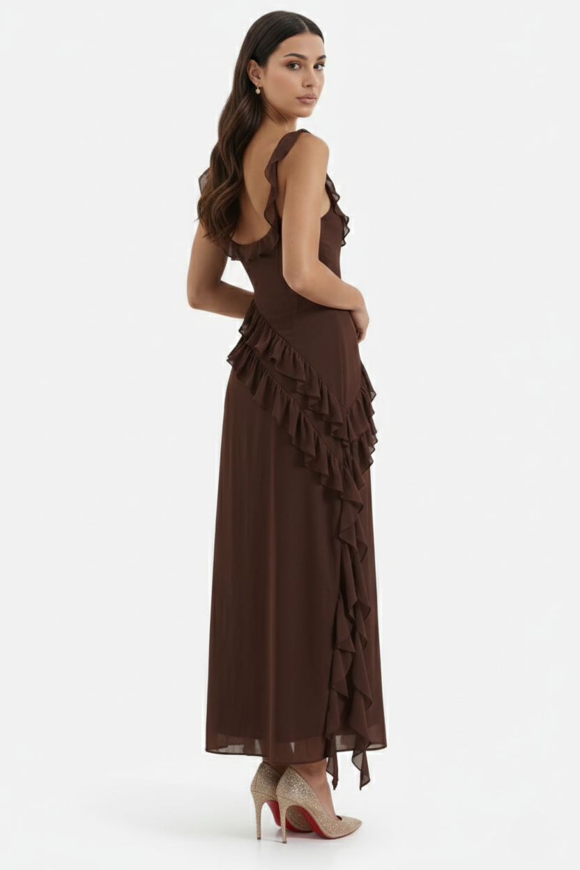 Sleeveless Ruffle Trim Maxi Dress with Front Slit - Siopie