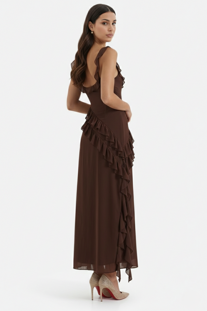 Sleeveless Ruffle Trim Maxi Dress with Front Slit - Siopie