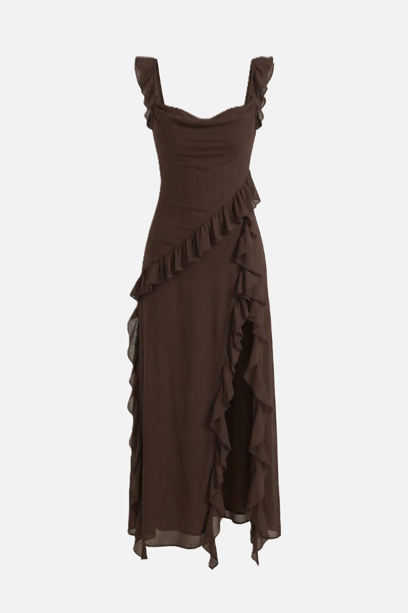 Sleeveless Ruffle Trim Maxi Dress with Front Slit - Siopie