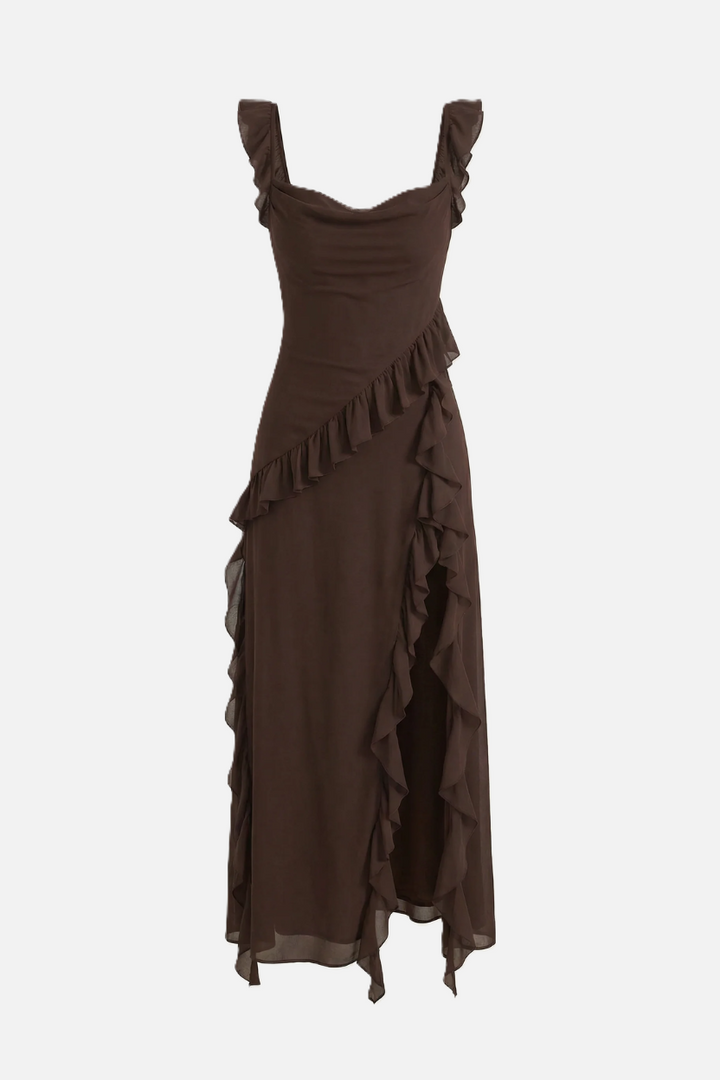 Sleeveless Ruffle Trim Maxi Dress with Front Slit - Siopie