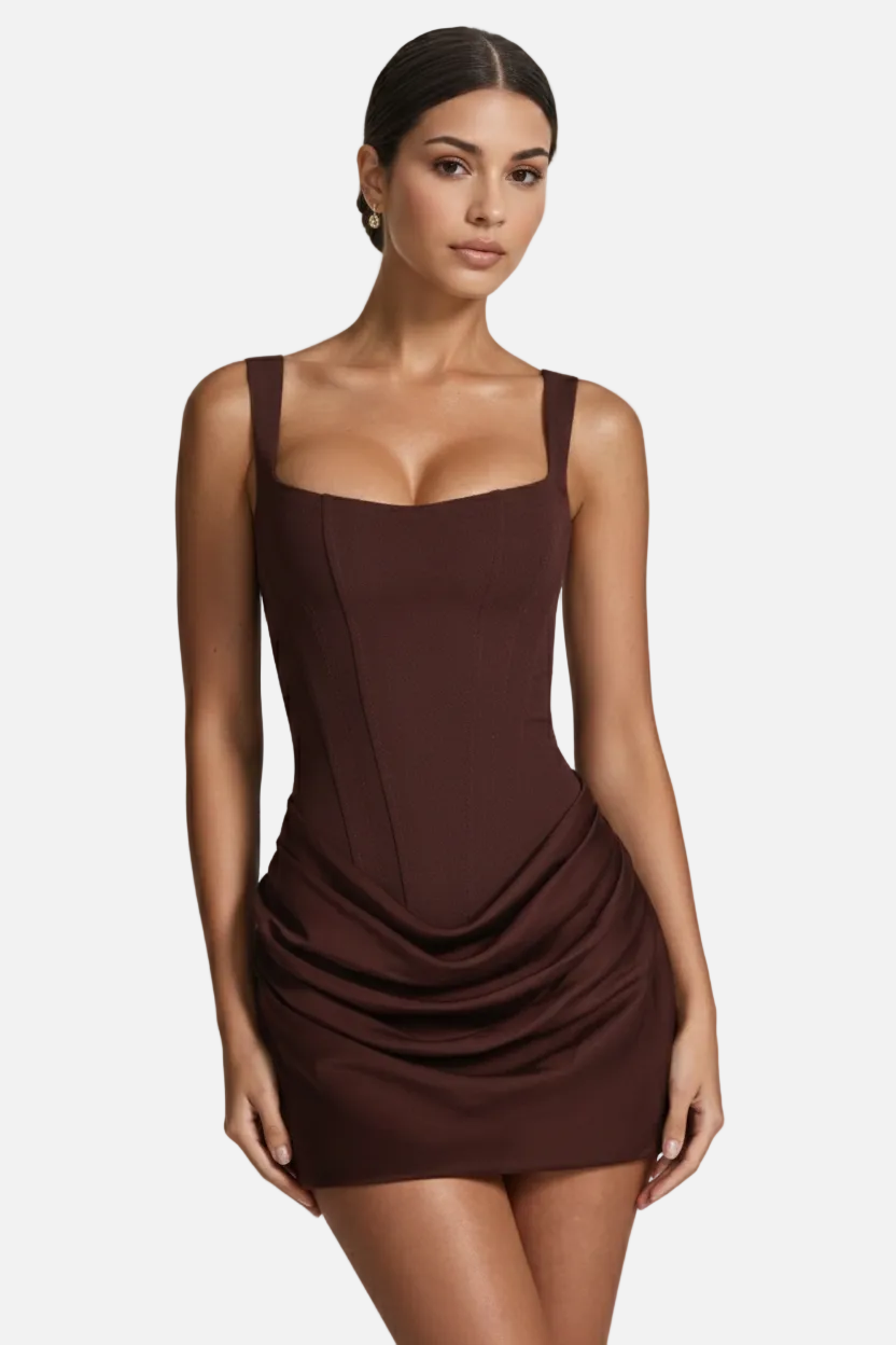 Square Neck Bodycon Mini Dress with Ruched Draped Skirt - Siopie