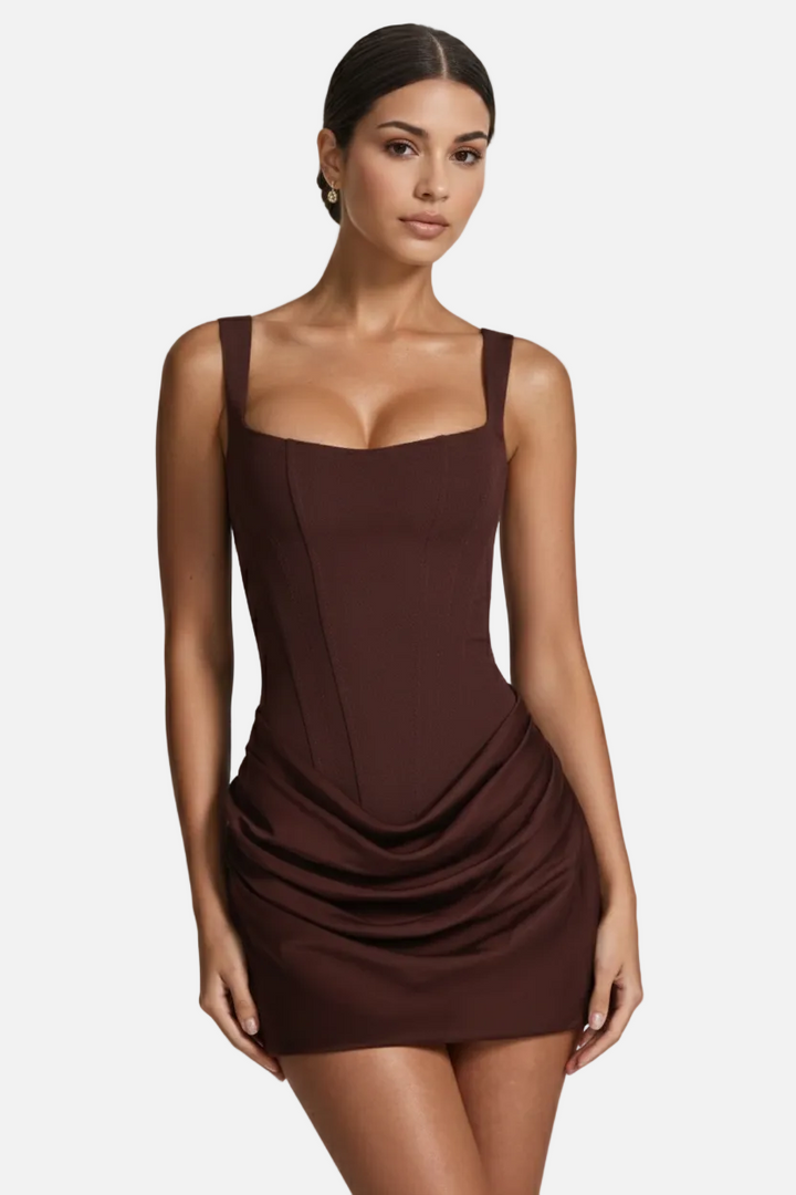 Square Neck Bodycon Mini Dress with Ruched Draped Skirt - Siopie