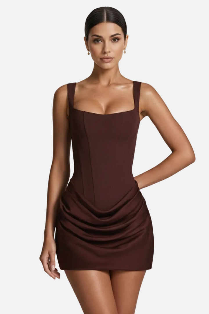 Square Neck Bodycon Mini Dress with Ruched Draped Skirt - Siopie