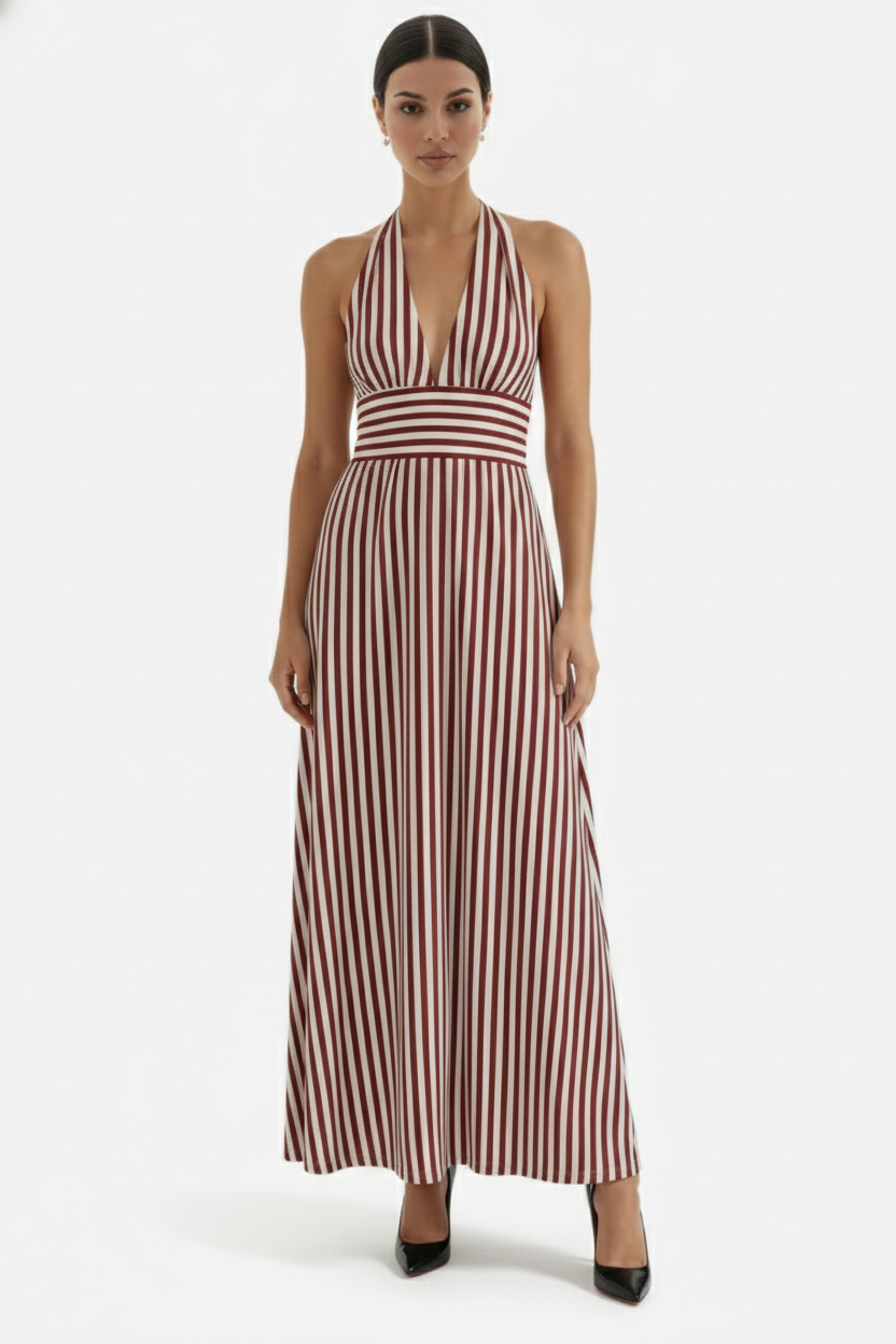 Striped Halter Neck Maxi Dress with Open Back - Siopie