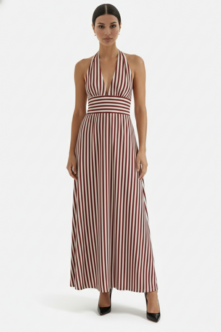 Striped Halter Neck Maxi Dress with Open Back - Siopie