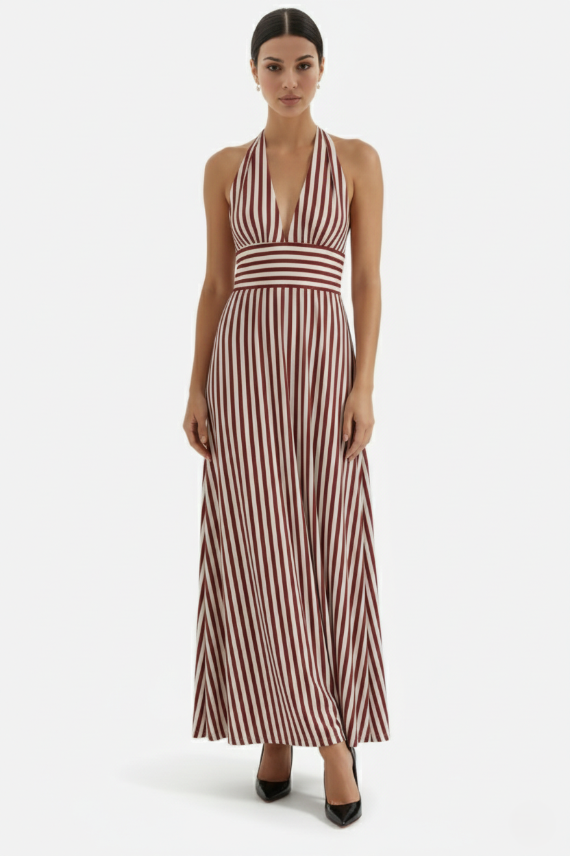Striped Halter Neck Maxi Dress with Open Back - Siopie