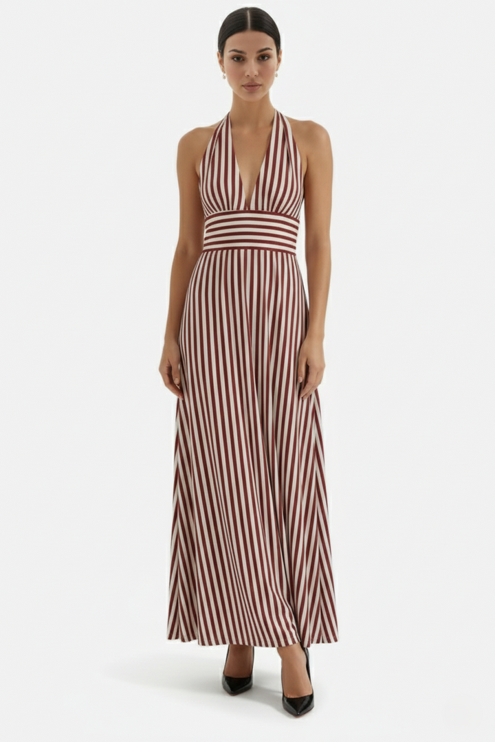 Striped Halter Neck Maxi Dress with Open Back - Siopie