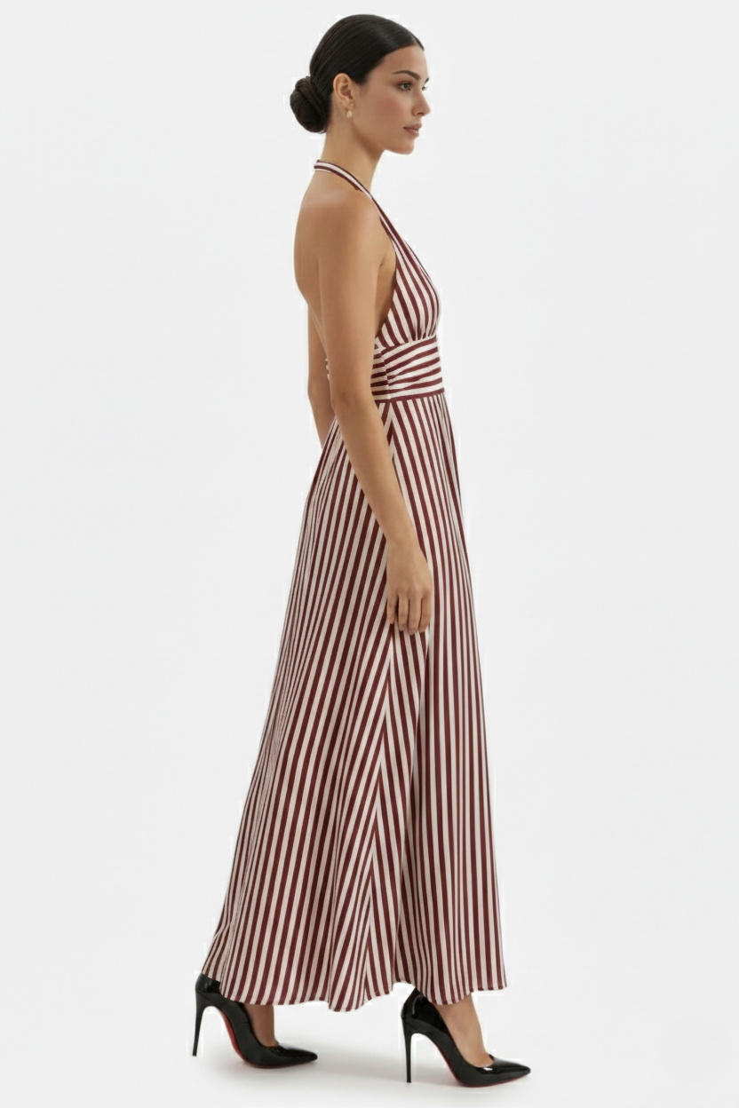 Striped Halter Neck Maxi Dress with Open Back - Siopie