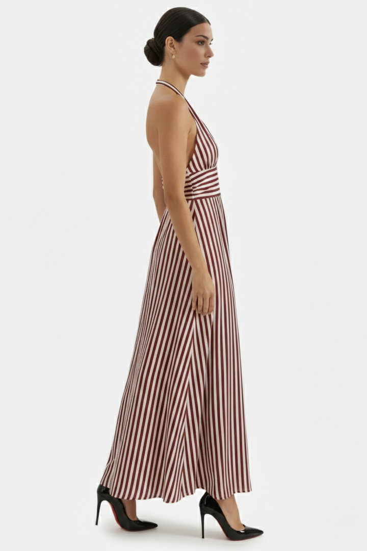 Striped Halter Neck Maxi Dress with Open Back - Siopie