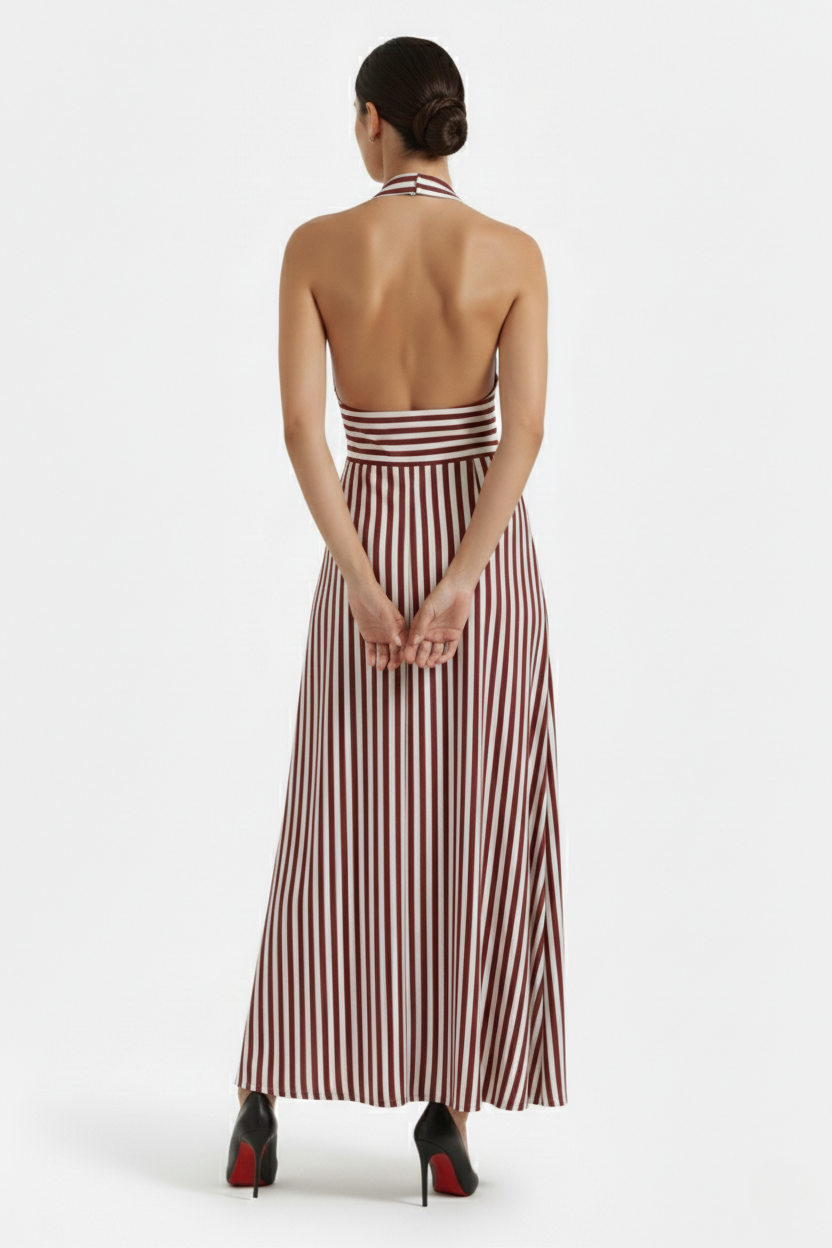 Striped Halter Neck Maxi Dress with Open Back - Siopie