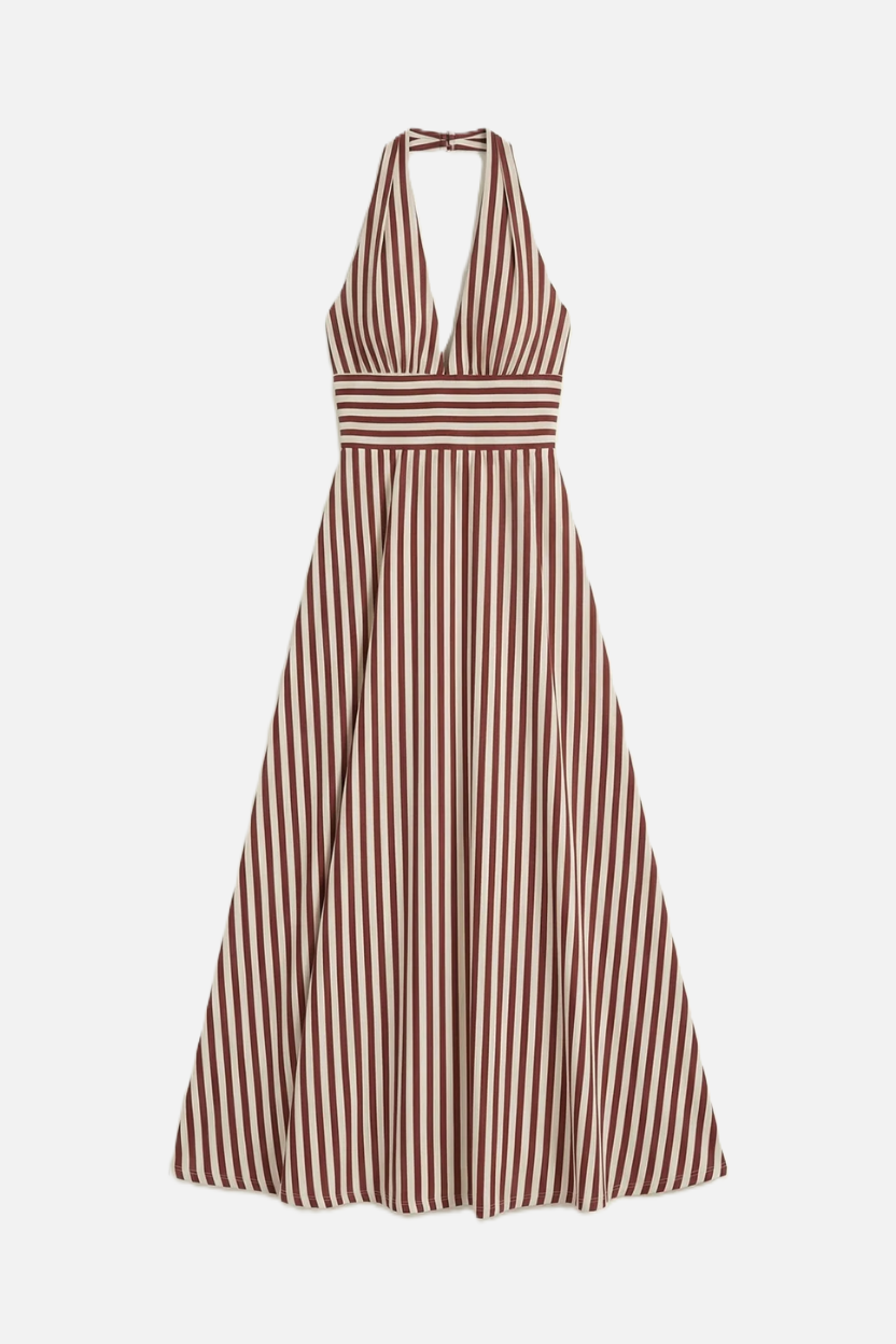 Striped Halter Neck Maxi Dress with Open Back - Siopie