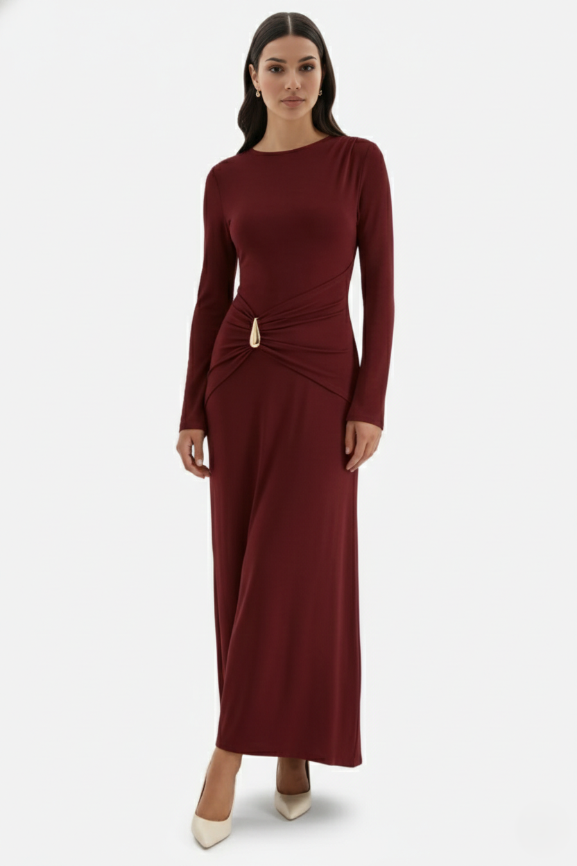 Evening Dress Ruched Waist Long Sleeve with Hardware Detail - Siopie