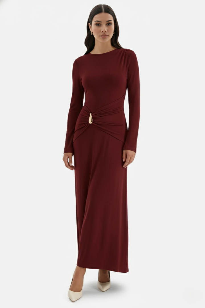 Evening Dress Ruched Waist Long Sleeve with Hardware Detail - Siopie
