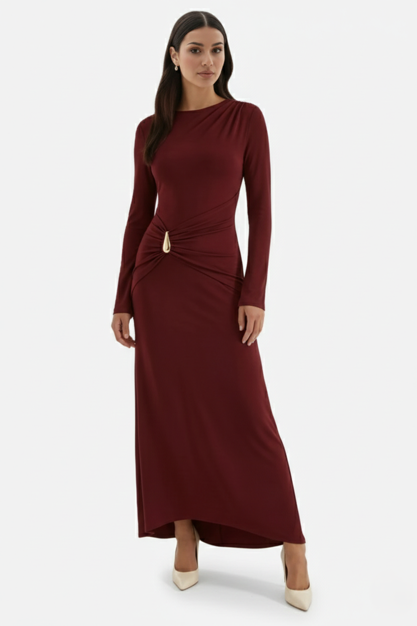Evening Dress Ruched Waist Long Sleeve with Hardware Detail - Siopie