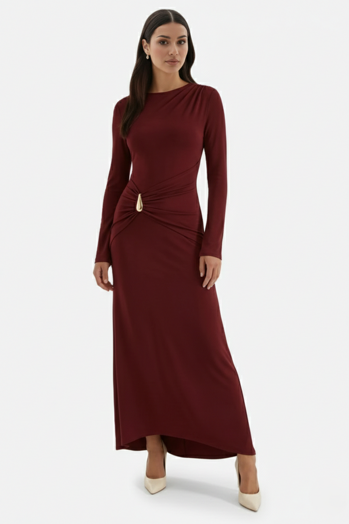 Evening Dress Ruched Waist Long Sleeve with Hardware Detail - Siopie